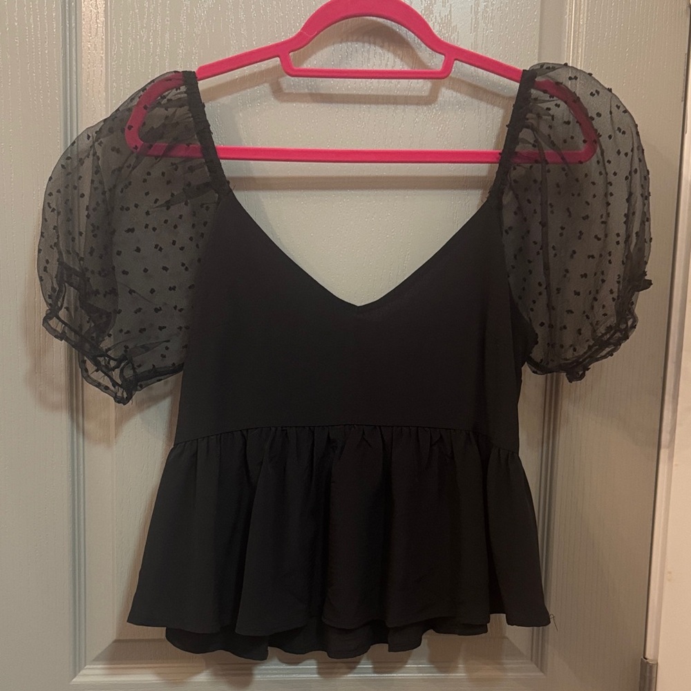 Francesca's Collections Black Sheer Puff Sleeve Blouse